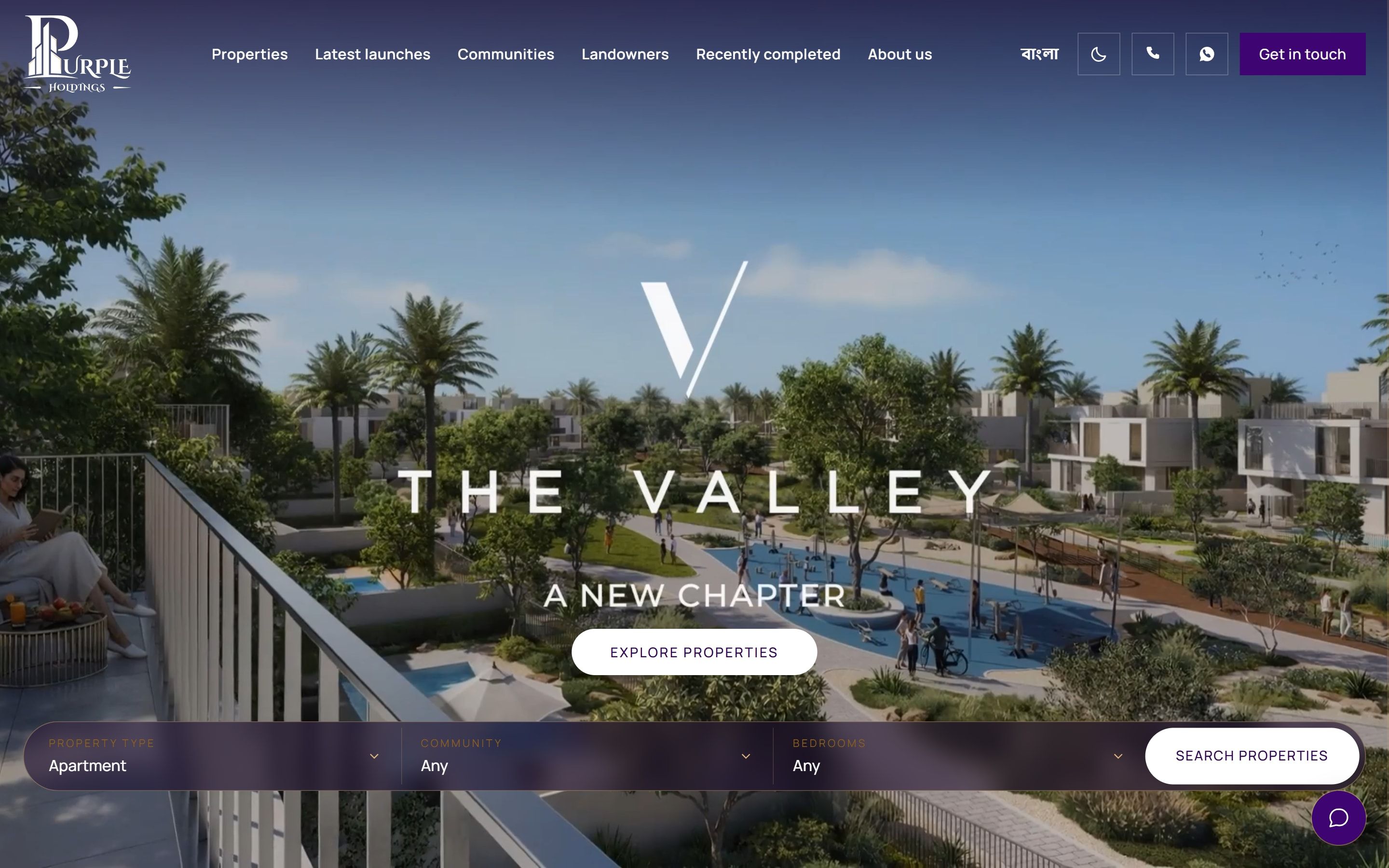 Purple Holdings home page: The Valley development with a property search bar